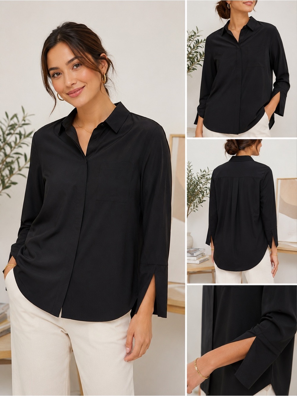 Athleta Black Stretch Button Front Tunic Shirt L Long Sleeve Career Travel